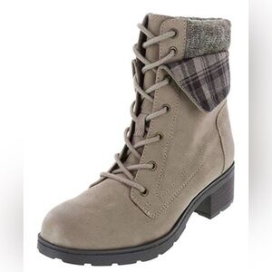 Brash Taupe Lace Up Boots with Plaid Cuff